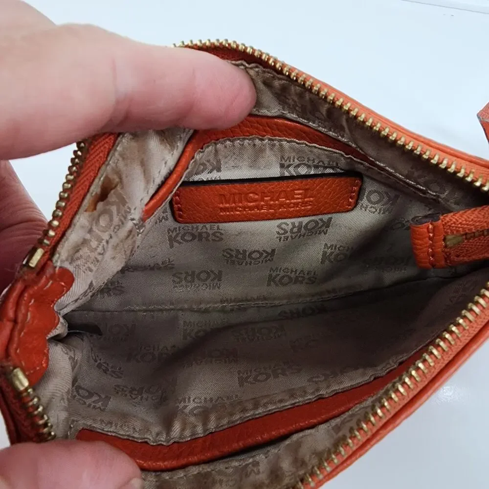 Michael Kors Fulton Wristlet Clementine Leather Orange Zip Clutch 7" Strap Flaws - Picture 5 of 12